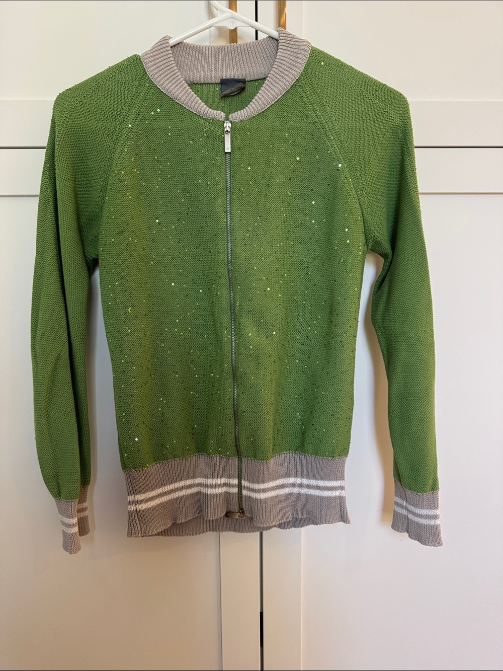 Lorena Antoniazzi Green Knit Zip Cardigan with Light Gray Trim